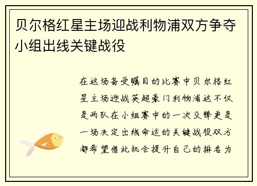 贝尔格红星主场迎战利物浦双方争夺小组出线关键战役